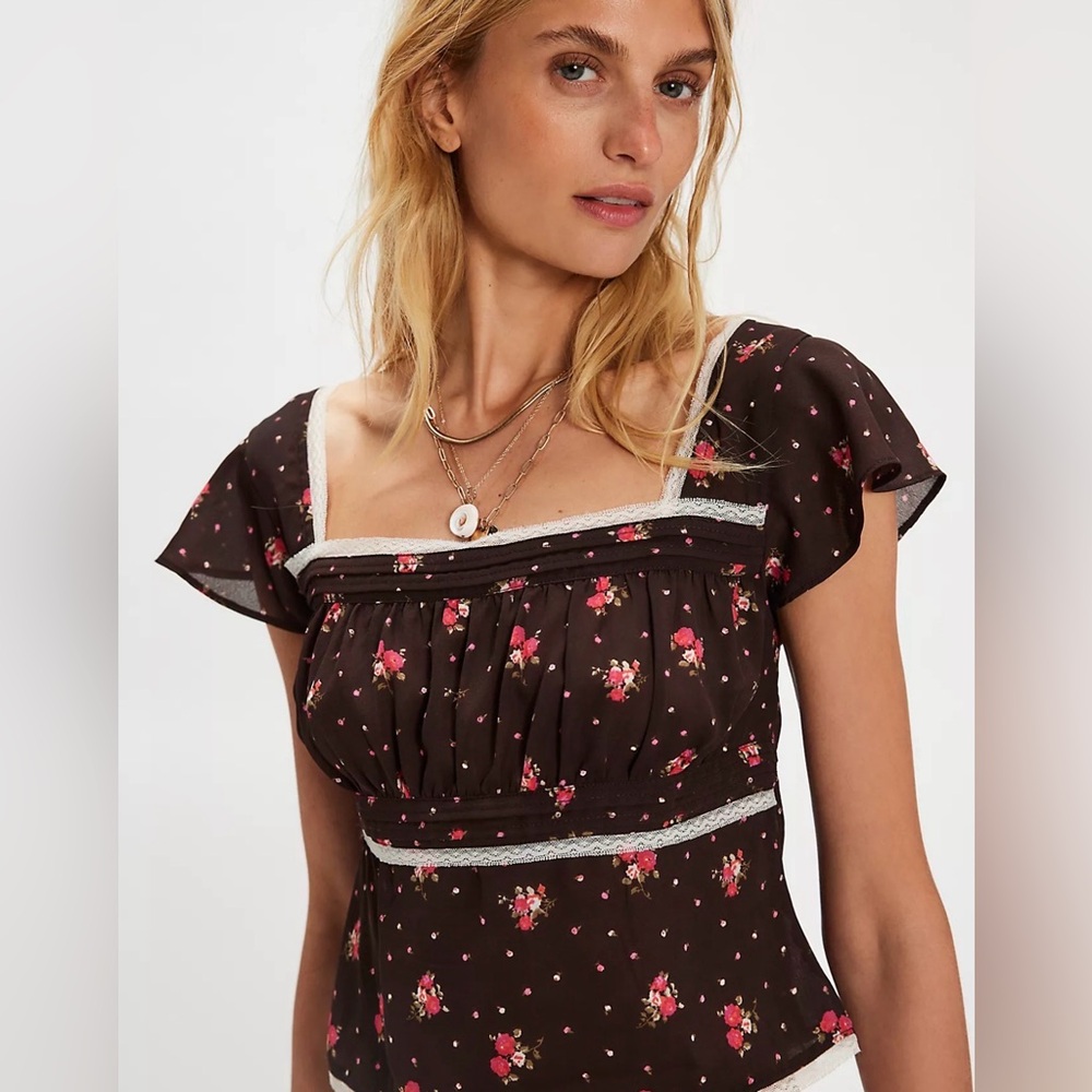 Free People Prairie Field Top Floral Brown with Pink Accents NWT